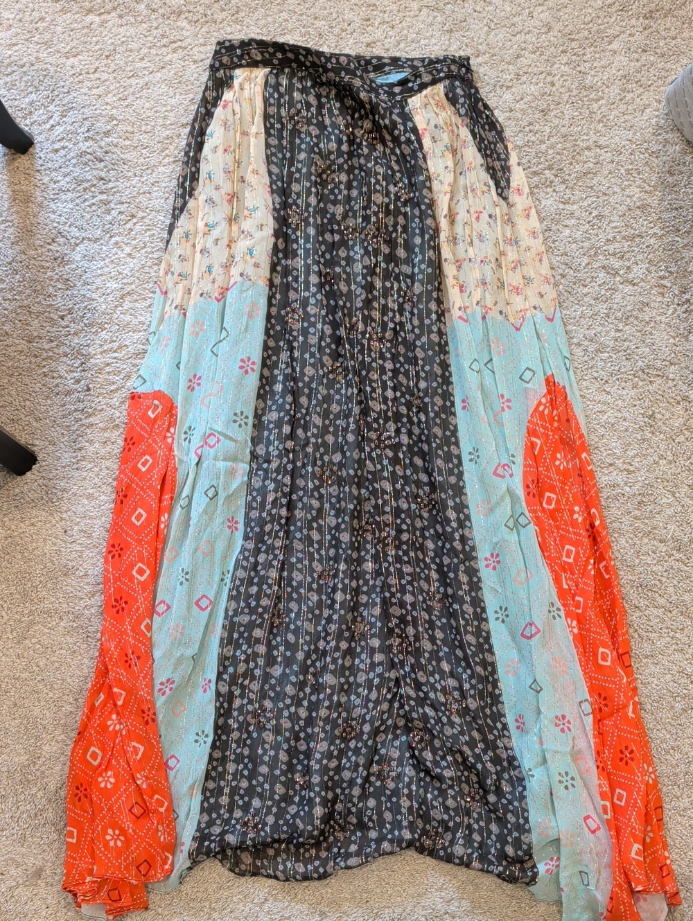 Anthropologie Mixed-Panel Maxi Dress - Black, Cream, Aqua & Orange